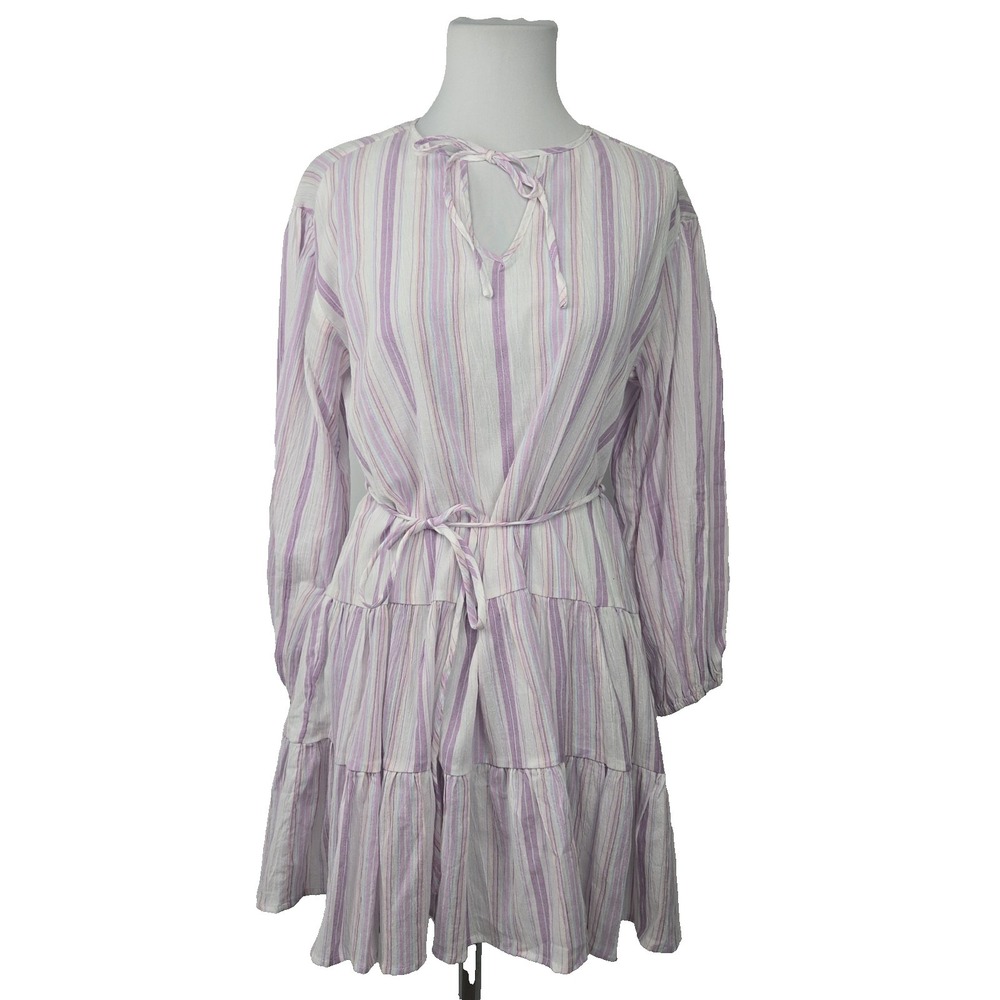 LUSH Lavender & White Striped Gauzy Crinkle Long Sleeve Mini Dress Size Small‎